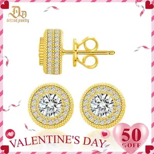 Delzzad 18k Gold-Plated Hip Hop Iced Out Halo Stud Earrings Round Synthetic Moissanite Earrings S925 Studs For Men Women Birthday Anniversary Mother's Day Christmas Gifts