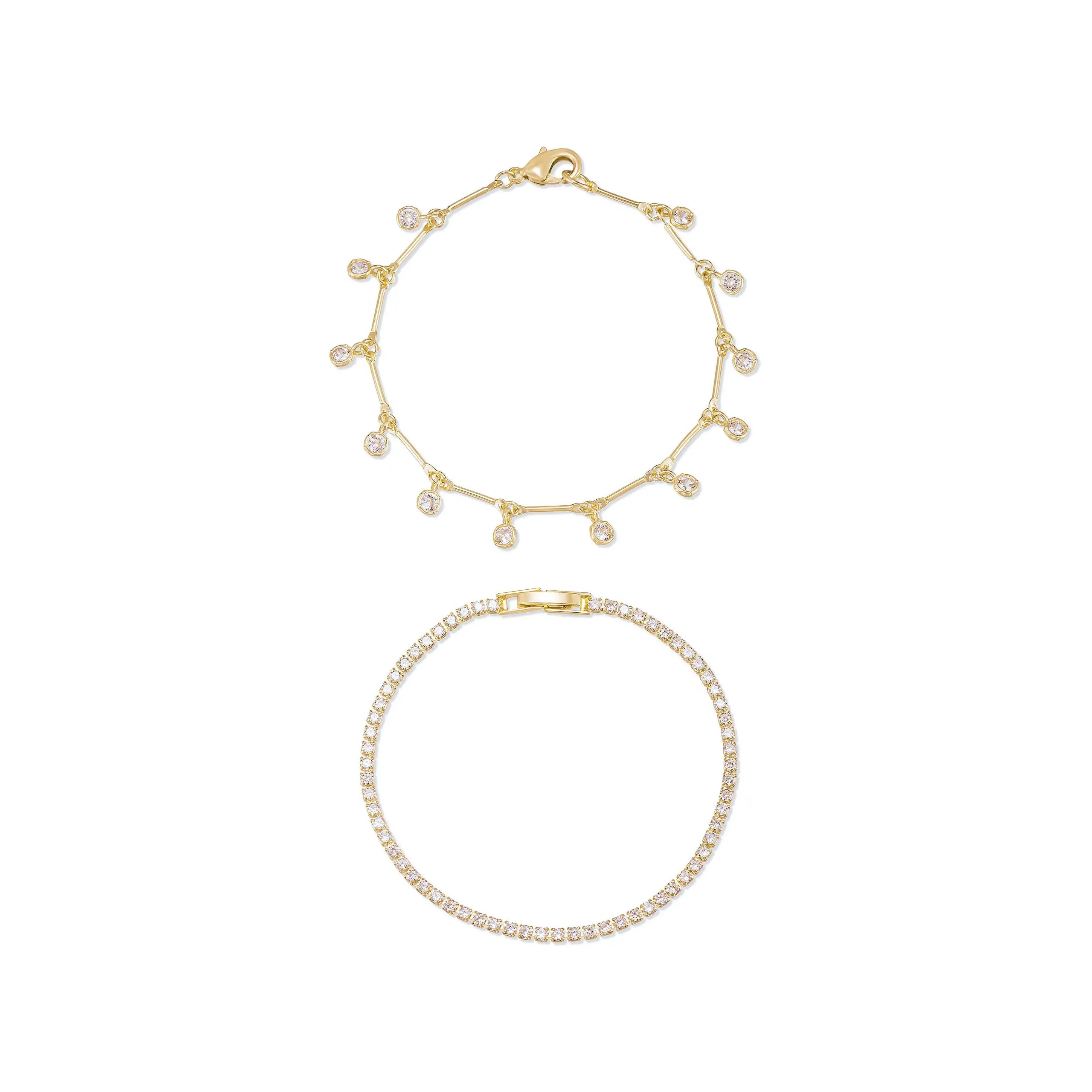 Crystal Droplet Chain Bracelet Set – 18K Gold Plated Layered Bracelets for Women | Dainty Cubic Zirconia Stackable Jewelry Set (Set of 2)