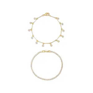 Crystal Droplet Chain Bracelet Set – 18K Gold Plated Layered Bracelets for Women | Dainty Cubic Zirconia Stackable Jewelry Set (Set of 2)