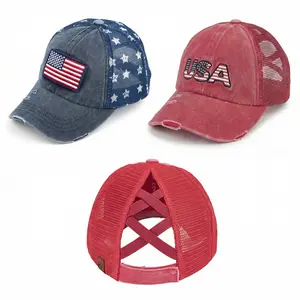 C.C. Vintage America 250 Patriotic Ponytail Baseball Cap – USA Flag or USA Embroidery, Criss Cross High Ponytail Mesh Hat for Women, Perfect for Memorial Day and July 4th