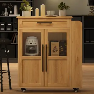 Farmhouse Mobile Kitchen Island – 36" or 48" Rolling Cart with Glass Door Cabinet, Drawer, Spice Rack, Towel Bar – White & Natural Finish – Coffee Bar or Extra Storage