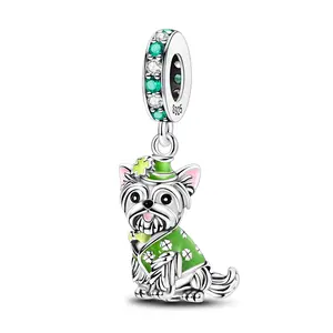 MULA Four Leaf Clover Lucky Dog Pendant, S925 Sterling Silver with Green Enamel and CZ - Compatible with Pandora Bracelets and Necklaces, Ideal Gift for Girls, Women and Dog Lovers