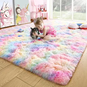 Noahas fluffy rainbow rug for bedroom, pink shaggy bedroom decor rug, fuzzy rainbow texture carpet, living room home decor rug