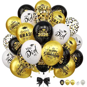 Black and Gold Graduation Balloons, 12 Inch 2026 Black Gold White Confetti Grad Latex Balloons for class of 2026 Graduation Party Decorations Supplies