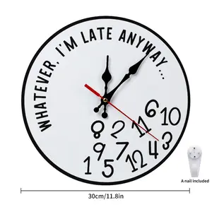 Whatever I'm Late Anyway Funny Wall Clock, 12 Inch & 10 Inch Silent Non-Ticking Round Wooden Clock, Novelty Irregular Number Wall Clock for Home Office Kitchen Decor