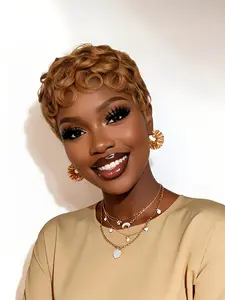 pixie wig  Human Hair Pixie Cut Wig  Short Curly Wavy Wig with Bang Black Color  Elegant Style for Daily Use, Short Hair Wig, Stylish Hairpiece