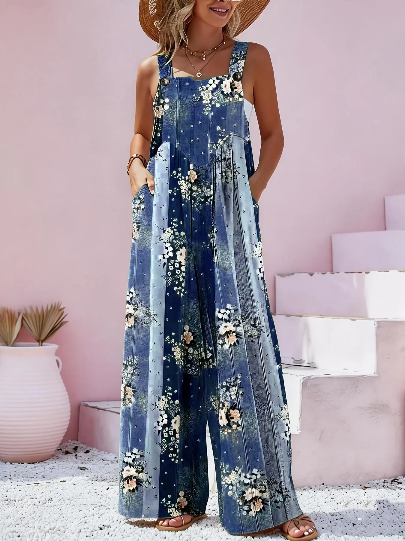 Plus Size All Over Print Floral Button Design Overall Jumpsuit, Sleeveless Boho Overalls, Boho Bohemian Sleeveless Wide Leg Jumpsuit for Beach Holiday Vacation, Women's Clothes for Summer, Womenswear