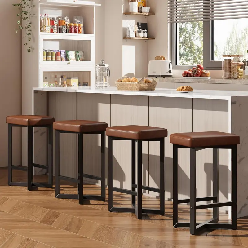 GARVEE Set of 4 Counter Stools, 24.6" Counter Height Backless Without Arms, Upholstered PU Leather Seats, Metal X-Frame with Footrests, Modern Indoor Kitchen Stools for Home Bar, Dining Room, Brown