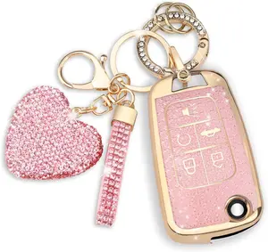 for Chevy Key Fob Cover with Diamond Keychain, for Chevrolet Equinox Malibu Camaro Cruze Impala GMC, for Buick LaCrosse Regal Allure Key Protector for Women, 5 Button (G-PINK)