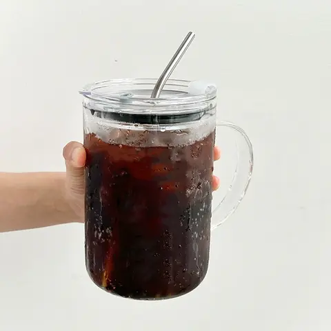 Large Glass with Lid and Straw, High-Borosilicate Thin Glass, Durable Glass, 33.81 oz Heavy-Duty Glass Water Cup, Iced Coffee Cup, Glass Drinking Cup for Summer and Winter Drinkware, Glass Cups, Iced Coffee Cups with Lids Glass