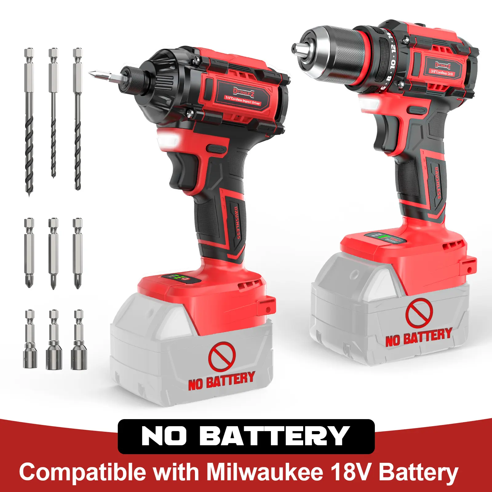 Cordless Drill and Impact Driver Combo Kit Compatible with Milwaukee 18V Battery(NO BATTERY!!), Brushless 1/4" Driver and 3/8" Power Drill with LED Light summervibes