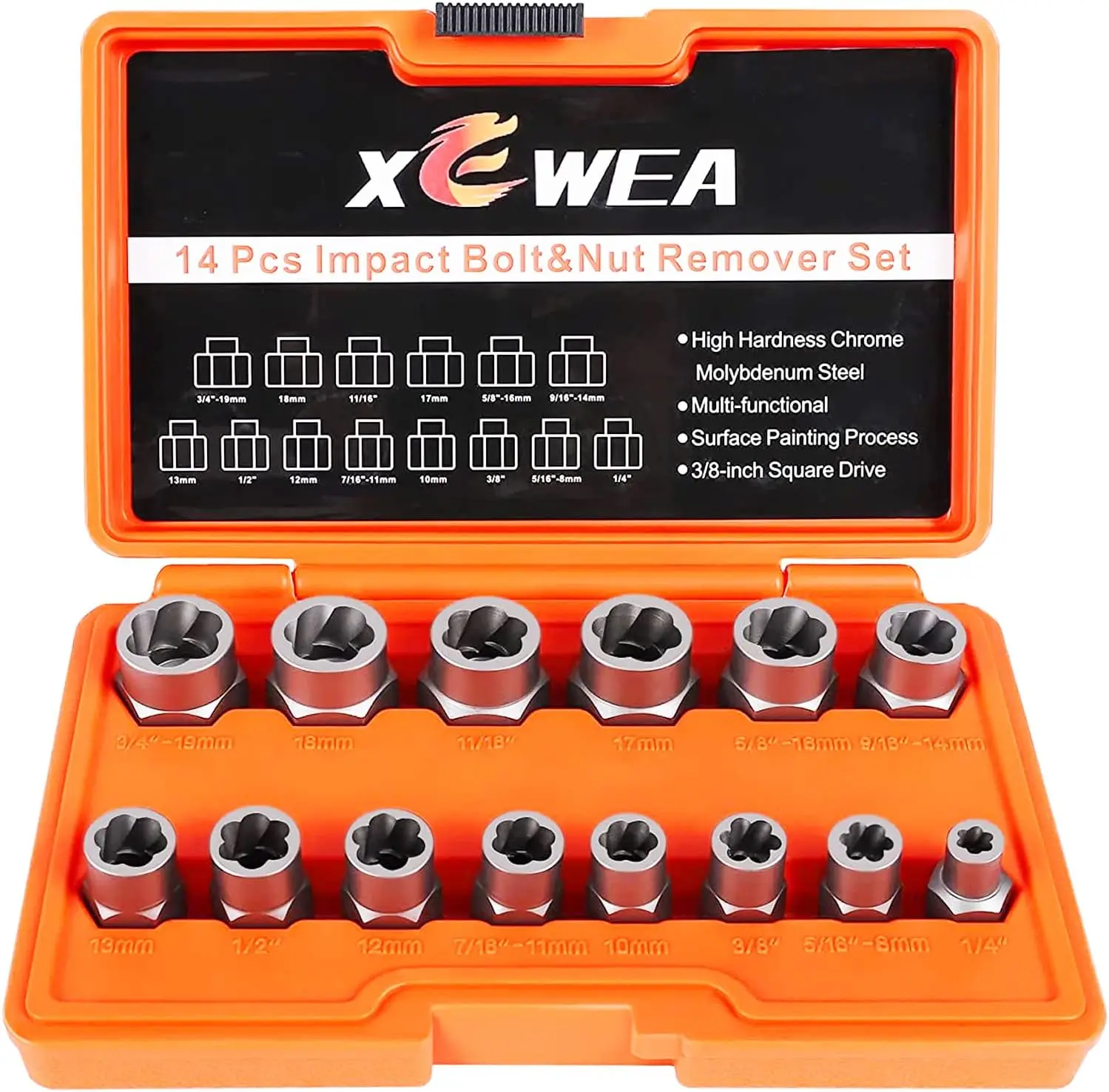14PCS 3/8" Drive Bolt Nut Extractor Set| Stripped Bolt Remover Set, Easy out For Removing Damaged Broken Rounded Off Bolt & Nut, Cr-Mo