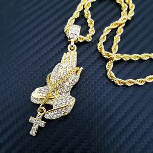 Praying Hands Cross Cubic Zirconia Iced Pendant & 4mm 18" 20" 24" Rope Chain Hip Hop Necklace Fashion Jewelry for Men, Women, Unisex