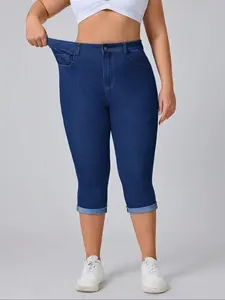 [Plus Size]Skinny Slim Dark Wash Capri Jeans, Casual Comfy Basic Denim Pants for Daily Wear, Women's Bottoms Summer, Lady, Stretchy, Stylish, Straight Leg, Minimalist Chic, Sunny Days, Soft Touch, Wide Leg Fit