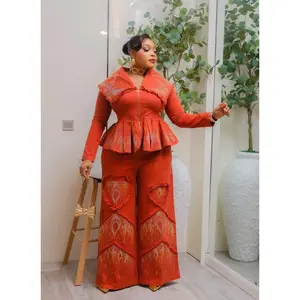 Orange Denim & Diamonds 2-Piece Set, Curvy Stretch Jeans Rhinestone Peplum Top + Wide-Leg Pants, Statement Birthday Outfit
