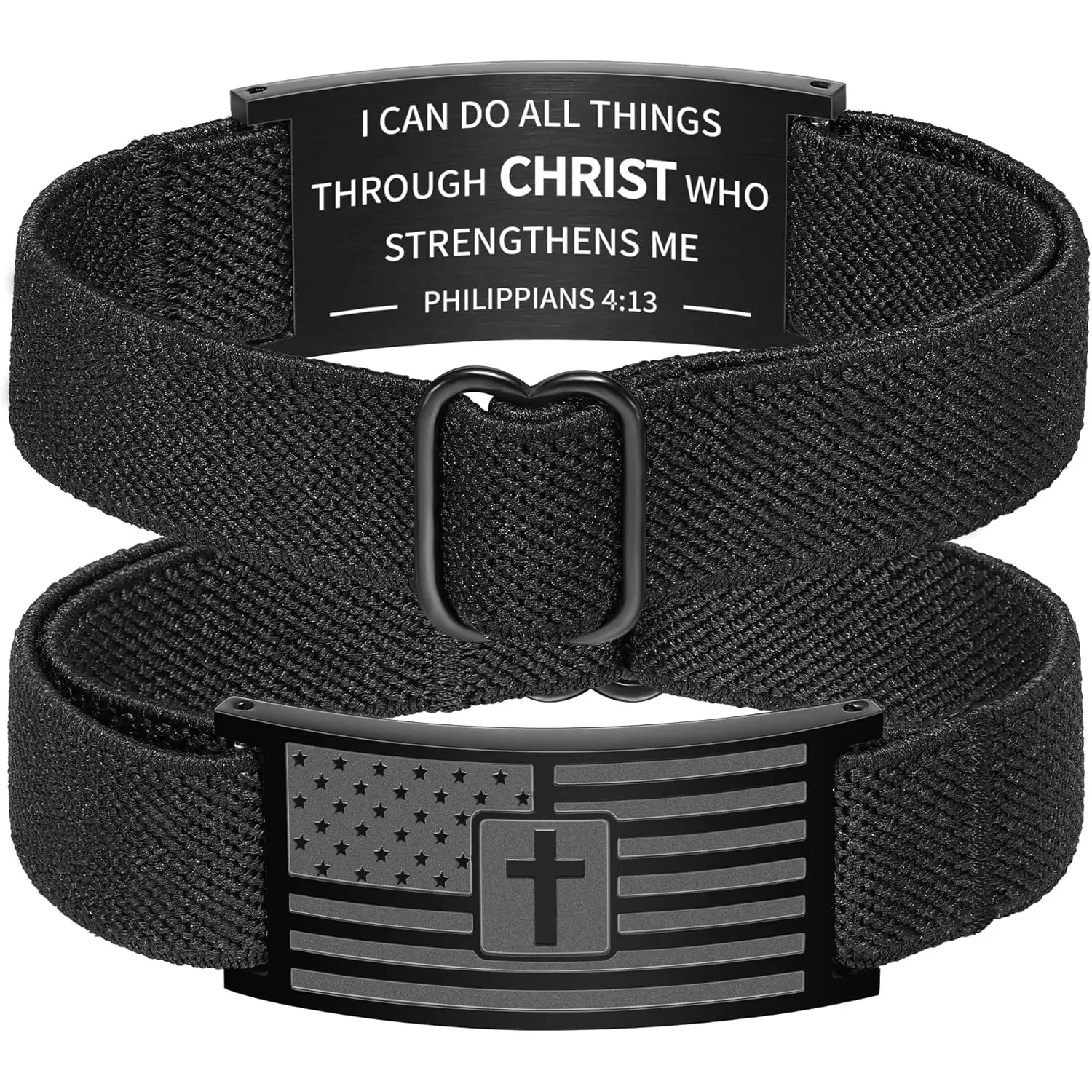 American Flag Cross Bible Verse Bracelet for Men Boys, Black Elastic Stretch Strap Adjustable Bracelets Christian Jewelry Gifts