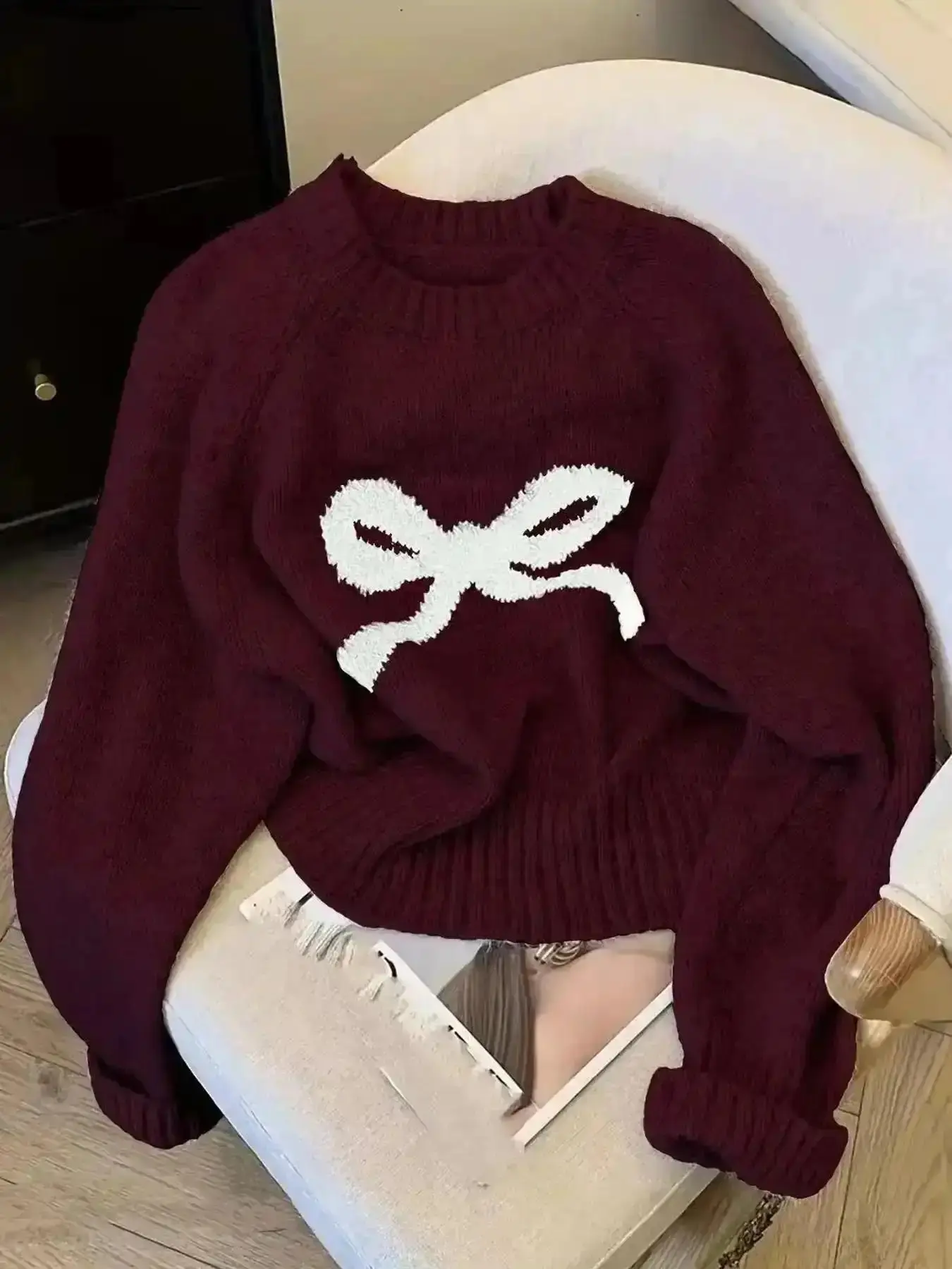 Cropped Knit Sweater, Size Knitted Sweater, Wool Crochet Cardigan with Lace Trim, Christmas Pattern, Long Sleeve, Fall & Winter Casual Style, Knitwear, OOTD, Fashionable, Aesthetic, Essential, Layer