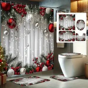 Christmas Winter Decorative Shower Curtain Set, Includes Ball-shaped Holly Holiday Red Green White Bathroom Hanging Decoration Gift, Comes with 12 Non-slip U-shaped Toilet Seat Pads and Floor Mats, Su
