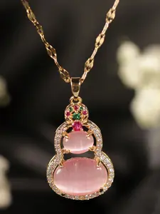 1pc Gold Plated Chain Necklace With Titanium Steel Red, Pink, And Colorful Cat's Eye Stone Gourd Pendant, Suitable For Women's Party Or Couple's Gift