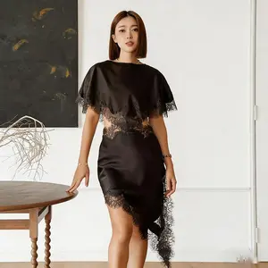 Landa   Lace Mini Dress with Open Front Sleeves, Asymmetrical Hem and Complex Lace Trim, Formal Wear Party Fashion Set with Matching Vest