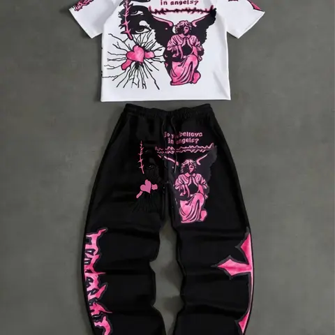 Print Cotton T-Shirt and Pants Set, Comfortable Home Wear, Casual Daily, Everyday, Spring & Fall Fashion, Outfits, Clothes