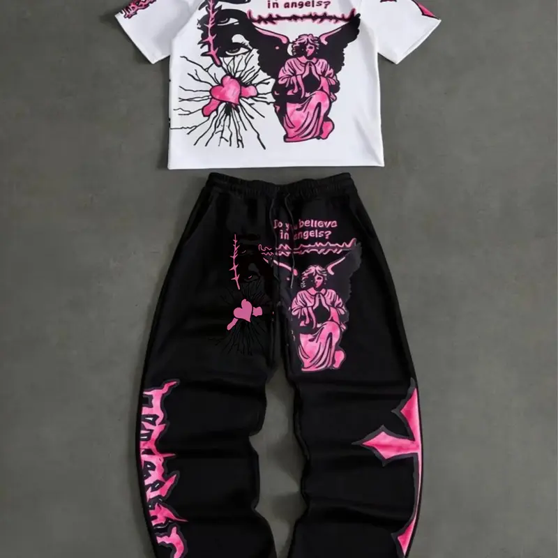 Print Cotton T-Shirt and Pants Set, Comfortable Home Wear, Casual Daily, Everyday, Spring & Fall Fashion, Outfits, Clothes