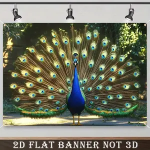 2D Flat Banner, 1pc Elegant Peacock Tail Feather Banner - Blue & Golden Artistic Polyester Party Backdrop for Weddings, Birthdays, Anniversaries - Event Decoration | Peacock Feather Design | Peacock Decor