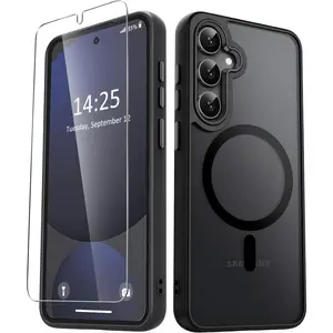 Magnetic Case for Samsung Galaxy S25 FE Matte Translucent Frosted Cover with Screen Protector, MagSafe Compatible Shockproof Slim Phone Case, Anti-Scratch Durable Protective Back Case, Black