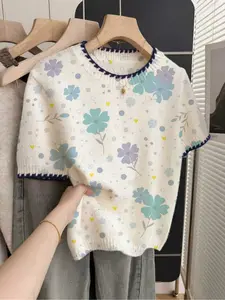 1 piece + French retro loose round-neck short-sleeve contrast piping beige women's contrast floral print spring and summer knitted top, summer top, casual top, knitted top, Knitwear