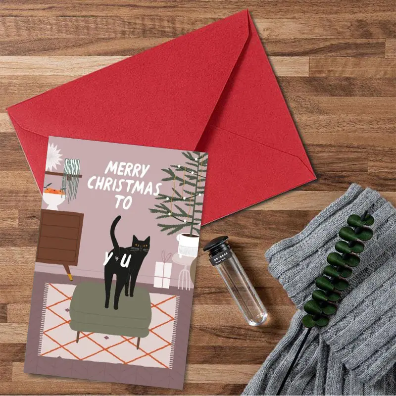 1PC  Funny Christmas Card with Cat Design, Merry Christmas Greeting Card for Cat Lovers, Unique Holiday Gift Idea for Cats & Kitties saying "Merry Christmas"