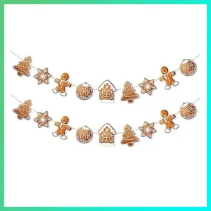 Uniwish 2 Pack Gingerbread Theme Garland Banner Christmas Hanging Decorations Tree Ornaments Christmas Bunting Banner for Xmas Party Holiday Home Wall Decor