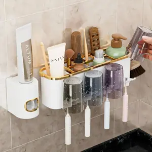 Home Toothbrush Holder & Toothpaste Dispenser, 4-Cup Capacity No Drilling Required Includes Mounting Clips