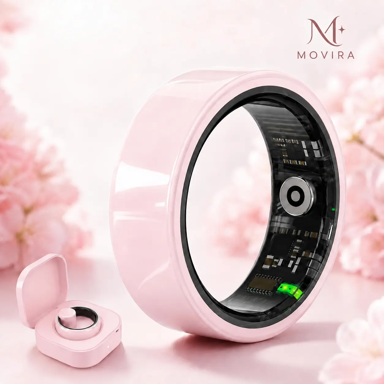 New Ceramic Pink Smart Ring for Women, Heart Rate, Sleep, Blood Oxygen, Stress Tracking, Multiple Sports Modes, IP68 Water Resistant, Charging Case, Free App, No Subscription, Compatible with iOS & Android  Wearable