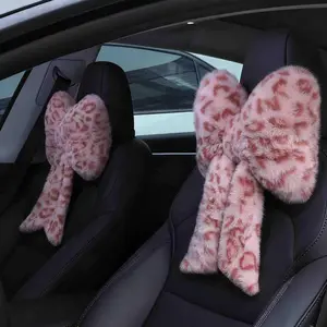 2 Pcs Car Neck Pillow Plush Butterfly Bow Car Headrest Pillow Comfortable Seat Neck Support Cute Head Rest Accessories for Driving Travel Driver Chair Girl Style Interior Decor (Pink Leopard)