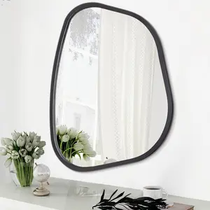 Black Asymmetrical Irregular Oval Wall Mirror Modern Wood Frame Unique Shape Wall Mounted Vanity Artistic Decorative Mirror for Living Room Bedroom Bathroom Entryway Large 16"x12"