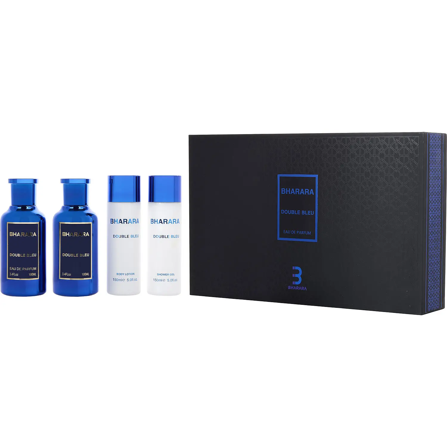 Bharara Double Bleu Set-Eau De Parfum Spray 3.4 Oz & Aftershave Spray 3.4 Oz & Body Lotion 5 Oz & Shower Gel 5 Oz For Men