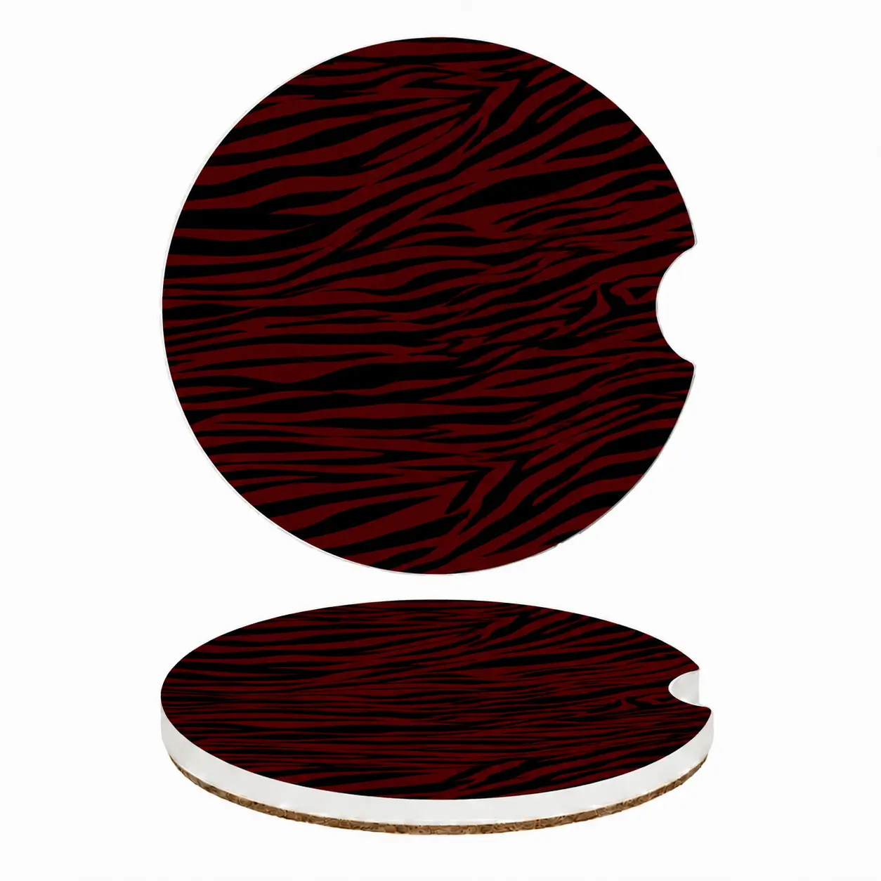 Soapstone Car Coaster Set of 2, Red and Black Zebra Print Absorbent Car Cup Holder Coasters, Ceramic Auto Coasters with Cork Base, Universal Car Accessories