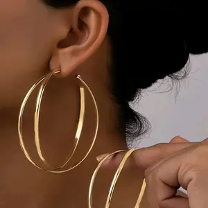 Double Layer Gold Hoop Earrings Elegant Simple Style Alloy Ornament Daily Wear Accessories for Women Gift