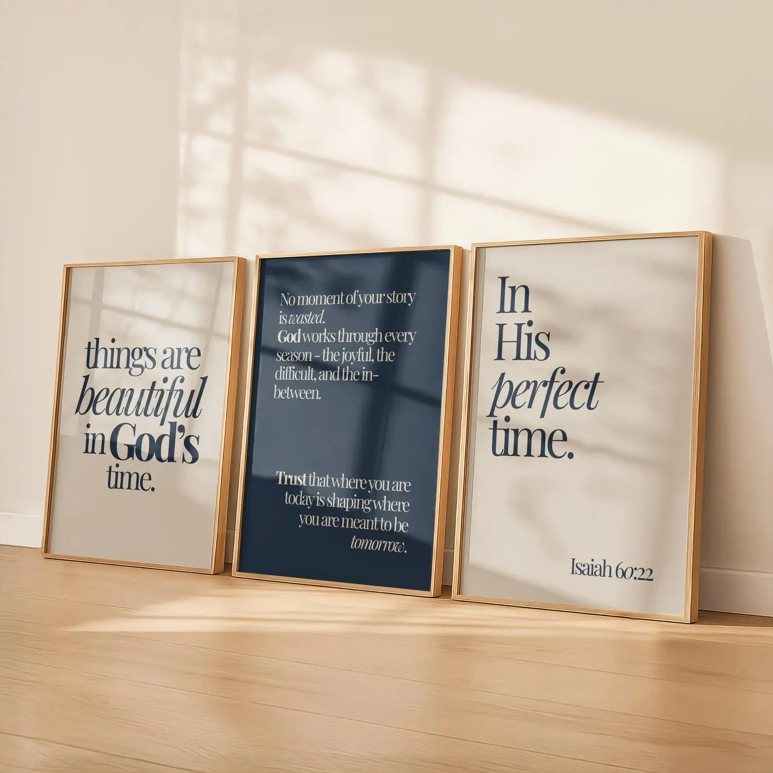 Navy Christian Poster Unframed Set of 3 Printable | Bible Verse Trio | In His Perfect Time | Scripture Decor Millie