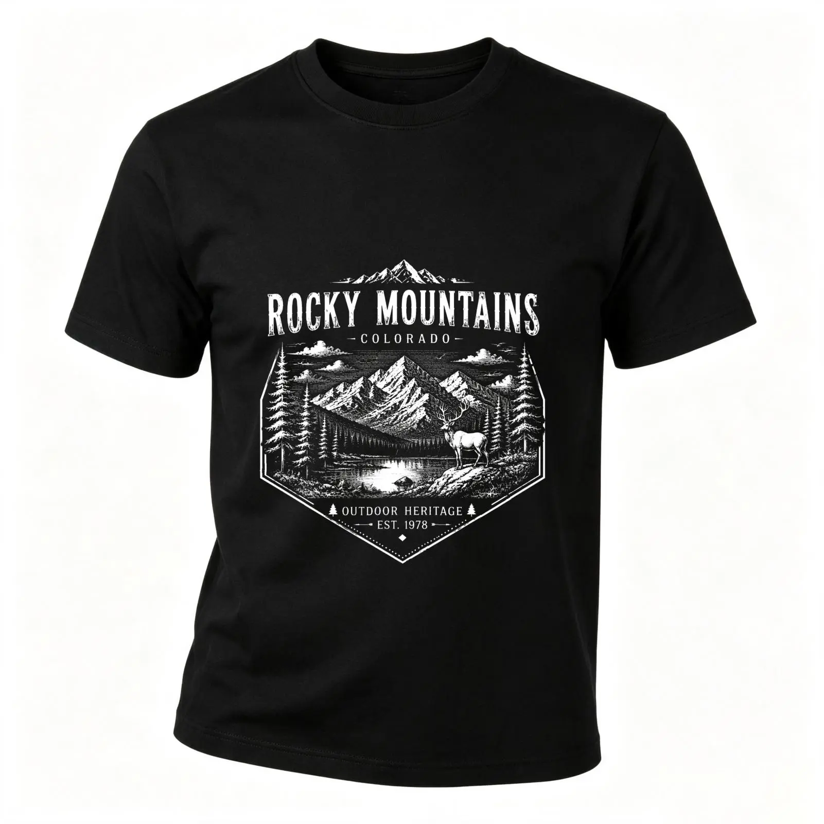 CARPESUN Vintage Rocky Mountains Colorado Graphic Tee Outdoor Heritage Est 1978 Mountain Deer Forest Print Short Sleeve Cotton Casual Unisex T Shirt For Men Women Hiking Camping Travel Gift For Dad Boyfriend Husband Son Broth