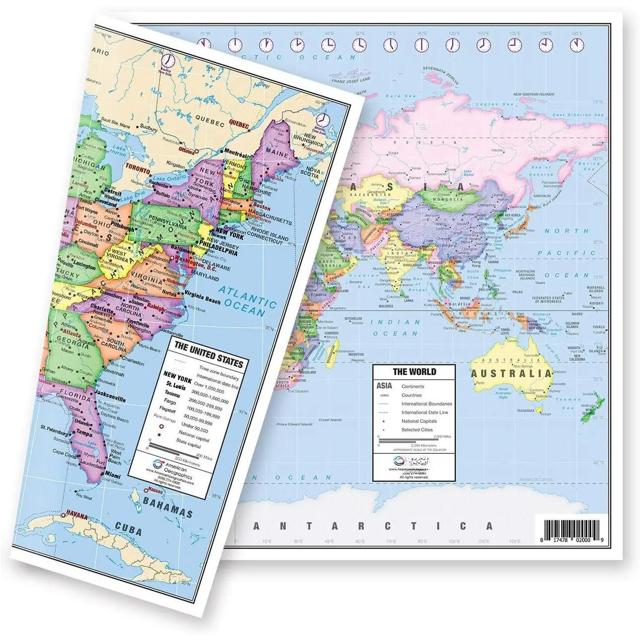 Thick Laminated World Map - 13"x18" 5-Mil Double-Sided High-Detail Political Map with 50 States, Hawaii & Alaska, Red Star-Marked Capitals, Pastel Accents, School Classroom Learning Tool for Students