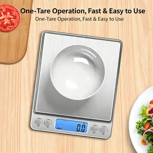 Small Digital Scale,3kg/0.1g,Kitchen Scale,Food Scale,with Blue Backlit LCD Display, 6 Units, Auto Off, Tare, PCS Function, Stainless Steel