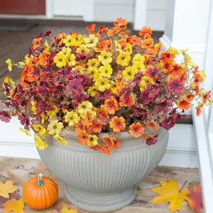 Fall Mums Artificial Flowers for Outdoors Potted, 8 Bundles Fake Fall Daisy Flower with Realistic Eucalyptus Leaves, Fake Plants for Greenery Boxwood Porch Patio Garden Courtyard(Orange Brown Yellow)