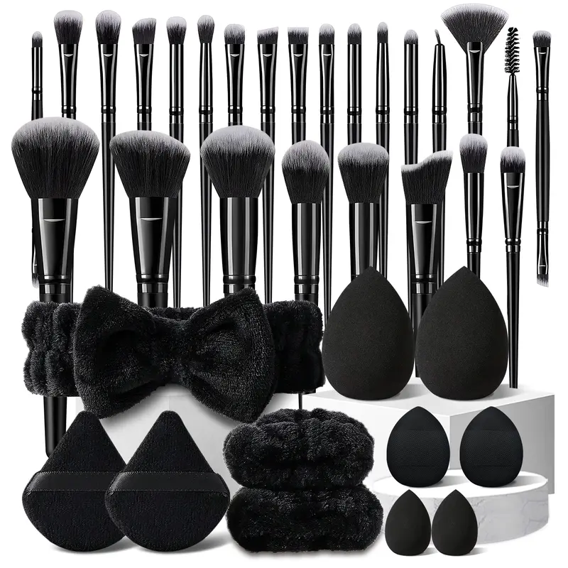 Luxury 36-Piece Synthetic Unisex Makeup Brushes & Blending Tools Set - 25 Brushes, Standard/Mini Sponges, Triangle Powder Puffs, Headband, Wristbands, Water Drop Finger Puffs, Pouch for Flawless Routine