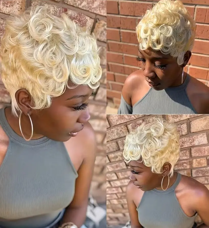 Shewell 6inch  Women's Pixie Cut Curly Wig 6in Human Hair Full Machine Wig Curly Wigs Human Hair