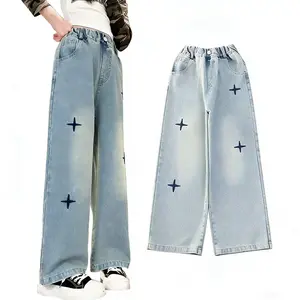 Girl's Wide Leg Denim Jeans Spring Autumn New Arrival Kids Straight Fit Comfortable Pants with Star Embroidery