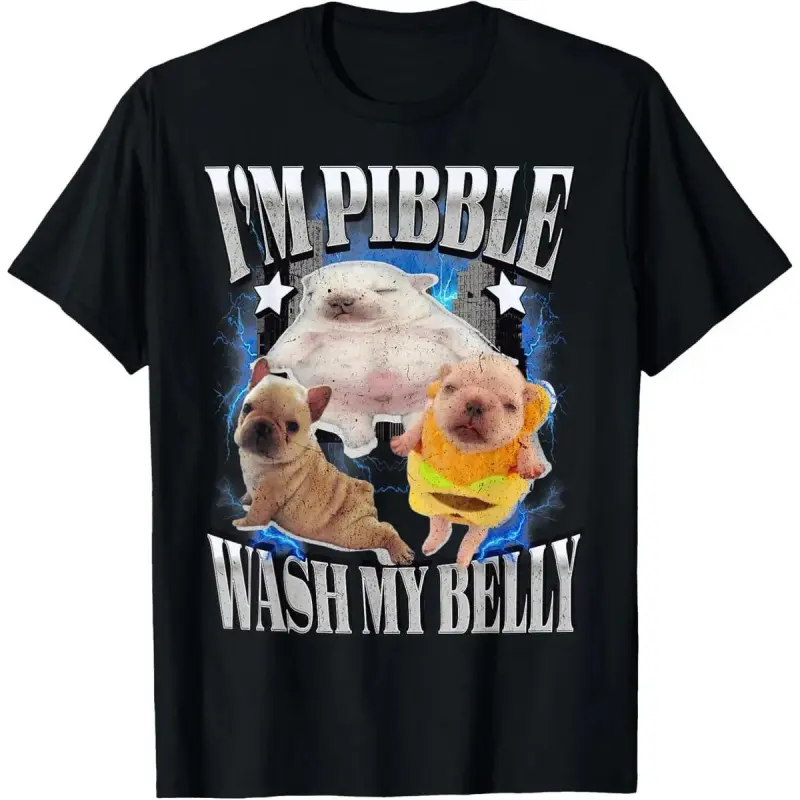 Women's 100% Cotton Fitted Shortsleeve Round Neck Casual T-Shirt - Silly Pibble Meme Art "Wash My Belly Clean" Graphic Pull On Top for Summer Wear, as Photos