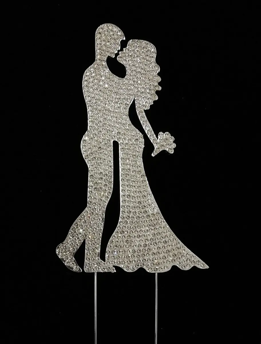 Silver 1-Piece Wedding Couple Silhouette Rhinestone Cake Topper, Standard Size Festive Home Party Cake Decoration Supply