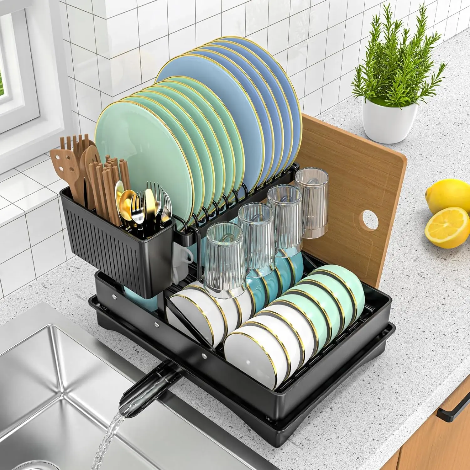 Expandable Dish Drying Rack, Rust-Proof Metal Dish Racks for Kitchen Counter with 360° Swivel Drain Spout, Space-Saving Dish Drainer with Utensil Holder for Small Apartment & Home Organization, Black