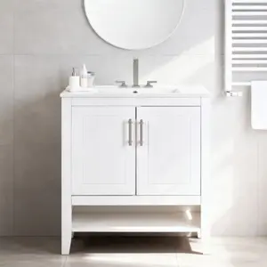 30 Inch White Bathroom Vanity with Ceramic Sink Soft Close Doors Brushed Nickel Handles Open Shelf Storage Freestanding Single Sink Cabinet Modern Style Vanity Unit for Small Bathroom Powder Room
